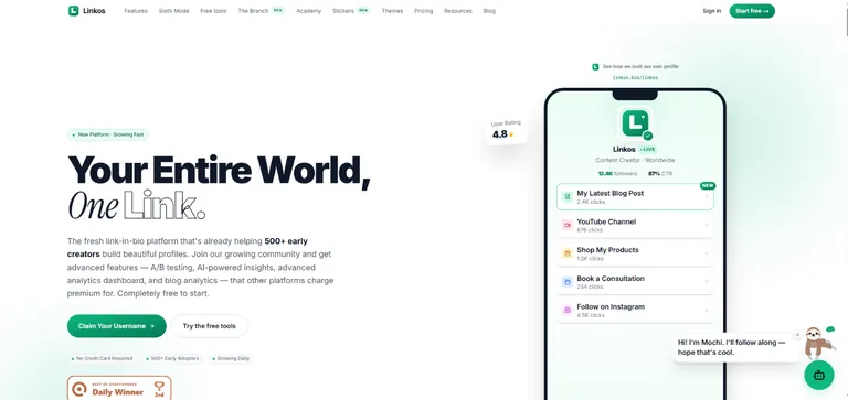 Linkos homepage in October 2026, showing the profile preview and the free plan offer