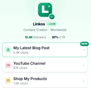 A Linkos profile page with five links and click counts on each row